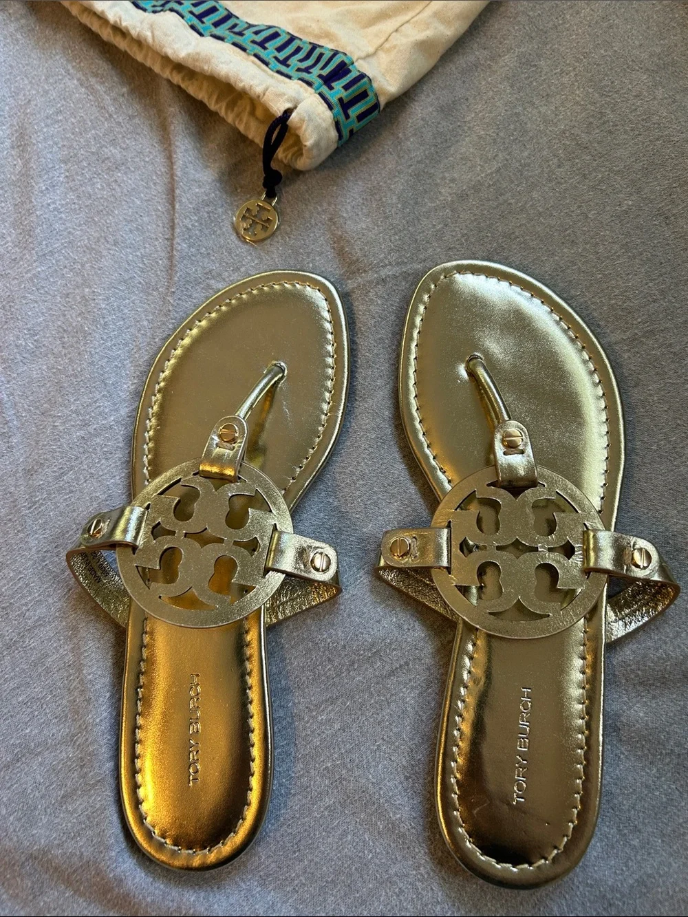 Tory Burch Metallic Gold Logo Thong Sandals with Cutout Medallion